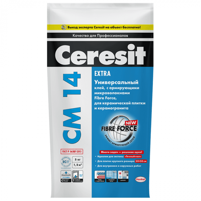 Клей Ceresit CM 14 Extra для керамической плитки и керамогранита 5 кг